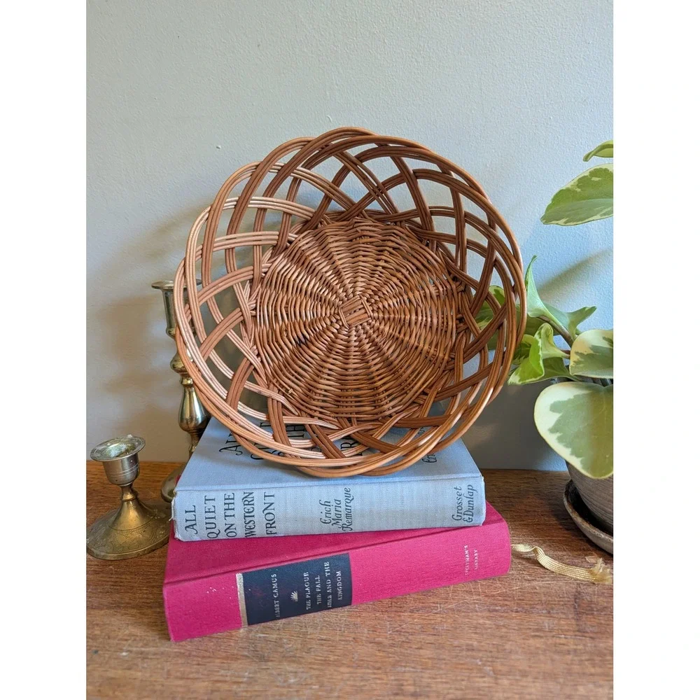 Vintage Round Wicker Basket Open Weave Lattice Decorative Bowl Boho Farmhouse